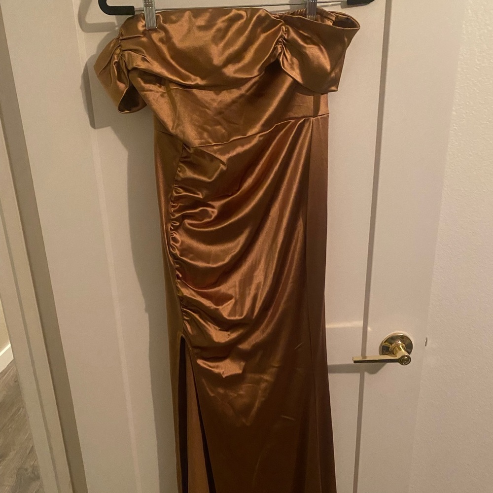 Gold off shoulder gown